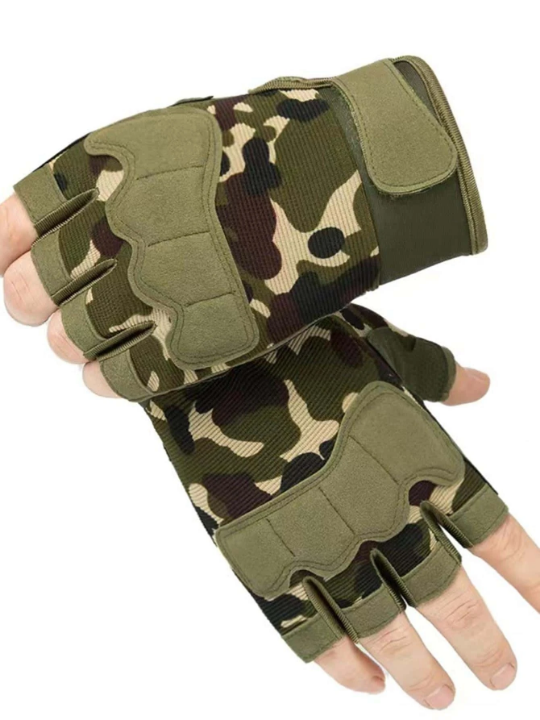 1pair Men Camo Hook-and-loop Fastener Fashionable Fingerless Gloves For Daily Decoration