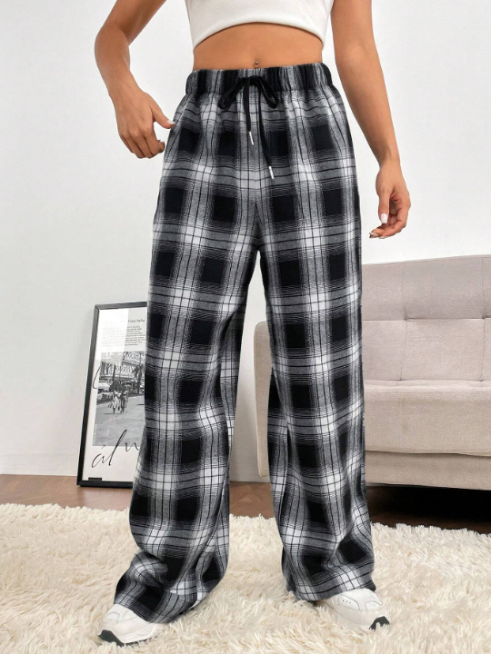 EZwear Spring Dress Plaid Print Drawstring Waist Wide Leg Pants