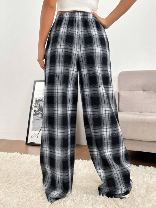 EZwear Spring Dress Plaid Print Drawstring Waist Wide Leg Pants