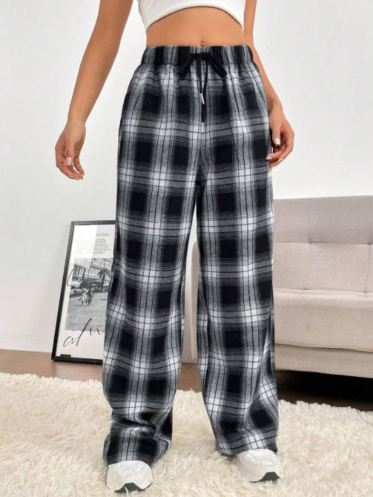 EZwear Spring Dress Plaid Print Drawstring Waist Wide Leg Pants