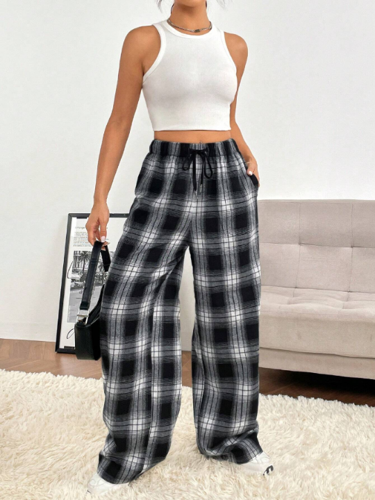 EZwear Spring Dress Plaid Print Drawstring Waist Wide Leg Pants