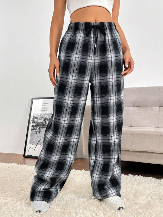 EZwear Spring Dress Plaid Print Drawstring Waist Wide Leg Pants