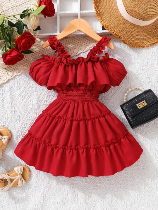 Baby Girl Cold Shoulder Frill Trim Ruffle Hem Dress