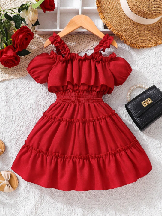 Baby Girl Cold Shoulder Frill Trim Ruffle Hem Dress