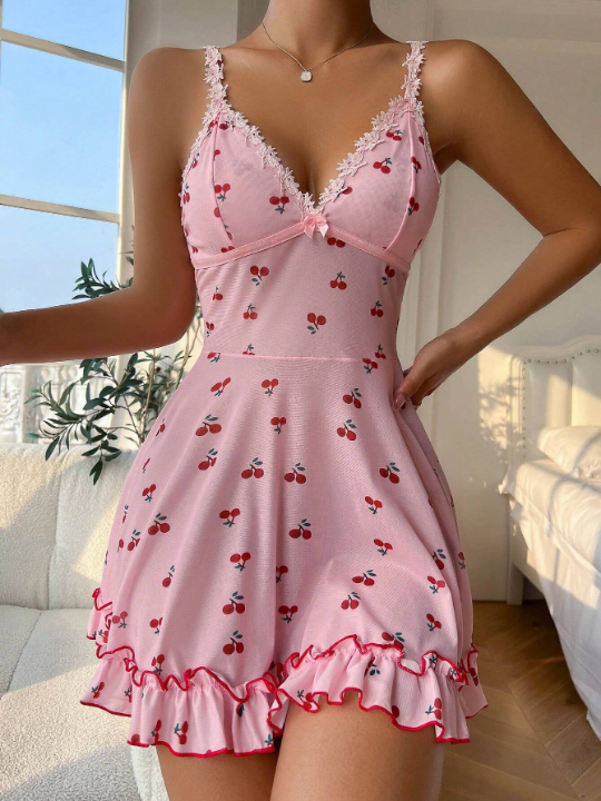 Cherry Print Lace Trim Ruffle Hem Cami Nightdress