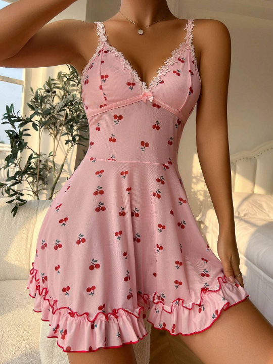 Cherry Print Lace Trim Ruffle Hem Cami Nightdress