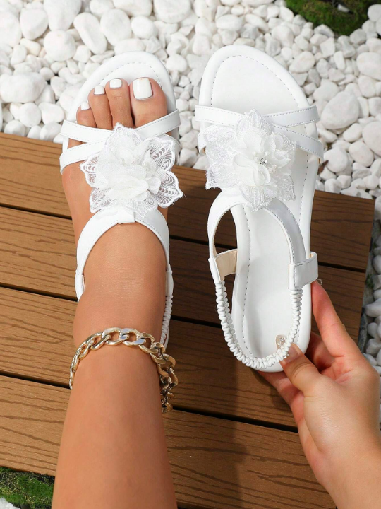 Fashion White Sandals For Women, Flower Decor Slingback Sandals