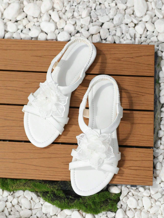 Fashion White Sandals For Women, Flower Decor Slingback Sandals