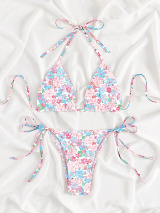 Floral Print Halter Triangle Tie Side Bikini Swimsuit