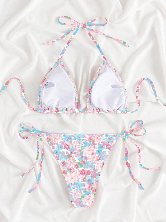 Floral Print Halter Triangle Tie Side Bikini Swimsuit