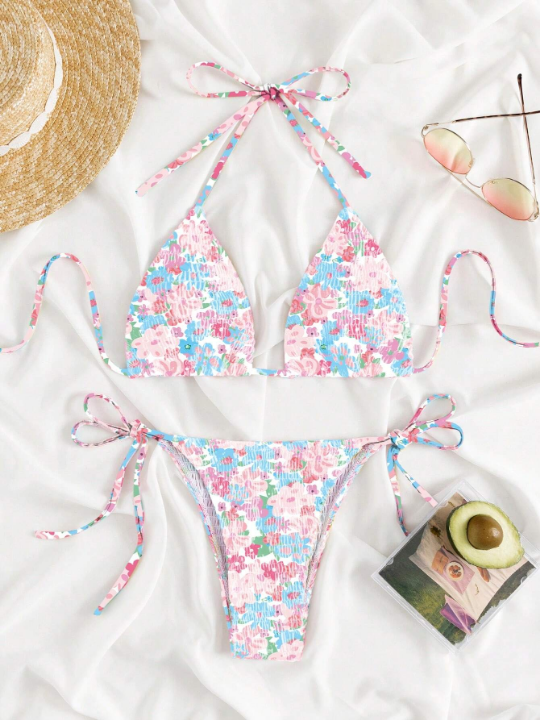 Floral Print Halter Triangle Tie Side Bikini Swimsuit