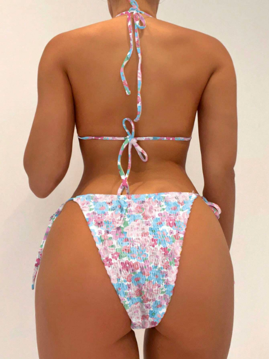 Floral Print Halter Triangle Tie Side Bikini Swimsuit