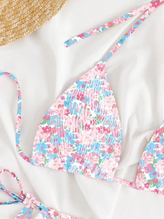 Floral Print Halter Triangle Tie Side Bikini Swimsuit