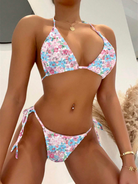 Floral Print Halter Triangle Tie Side Bikini Swimsuit