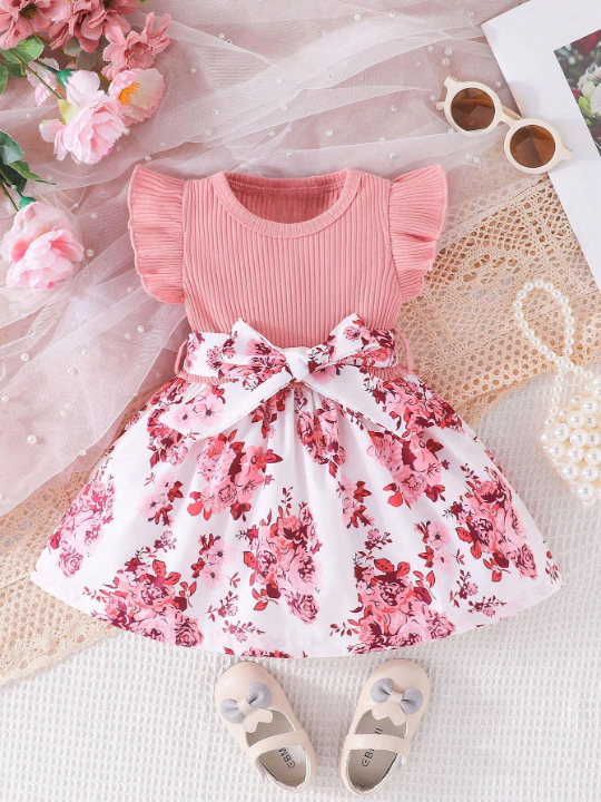 Baby Girl Floral Print Ruffle Trim Dress