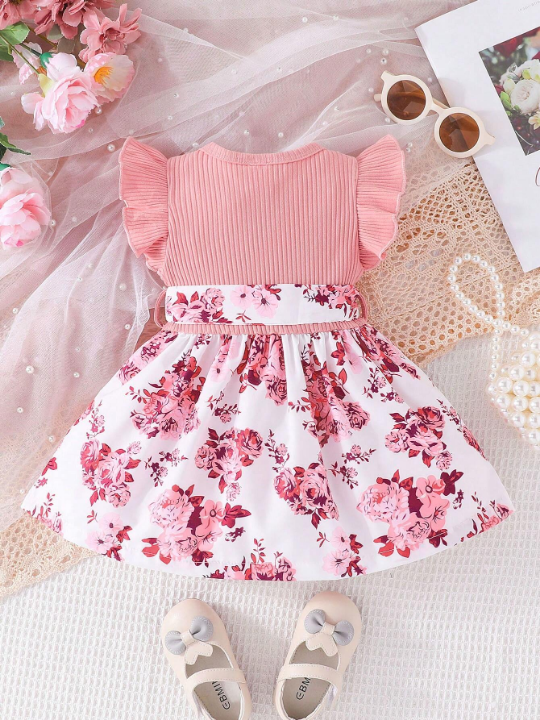 Baby Girl Floral Print Ruffle Trim Dress