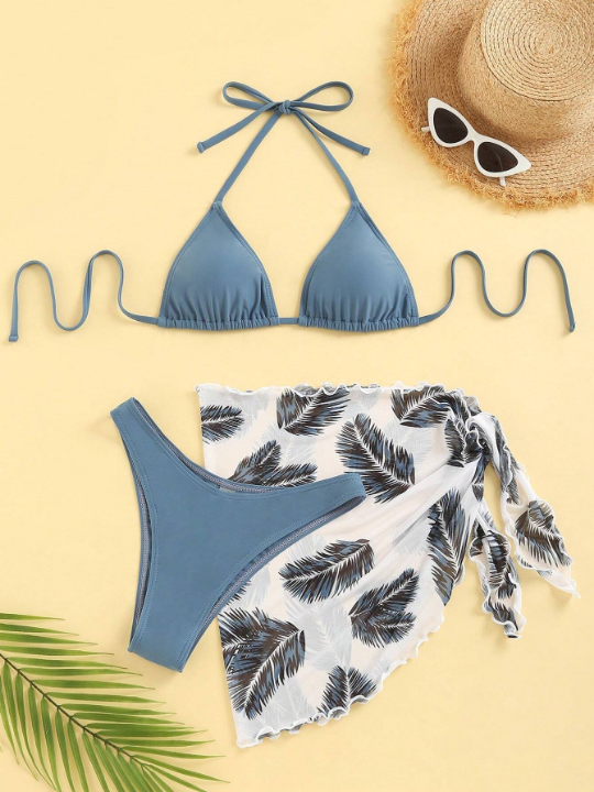 Swim Vcay Halter Triangle Bikini Swimsuit With Tropical Print Beach Skirt