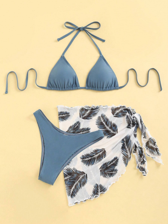 Swim Vcay Halter Triangle Bikini Swimsuit With Tropical Print Beach Skirt