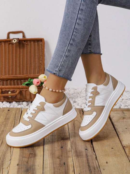 Women's Casual Sneakers, Fashionable Flat Shoes With Thick Soles, Four Seasons, Color Block Style, Low Cut, Lace-up Closure, White