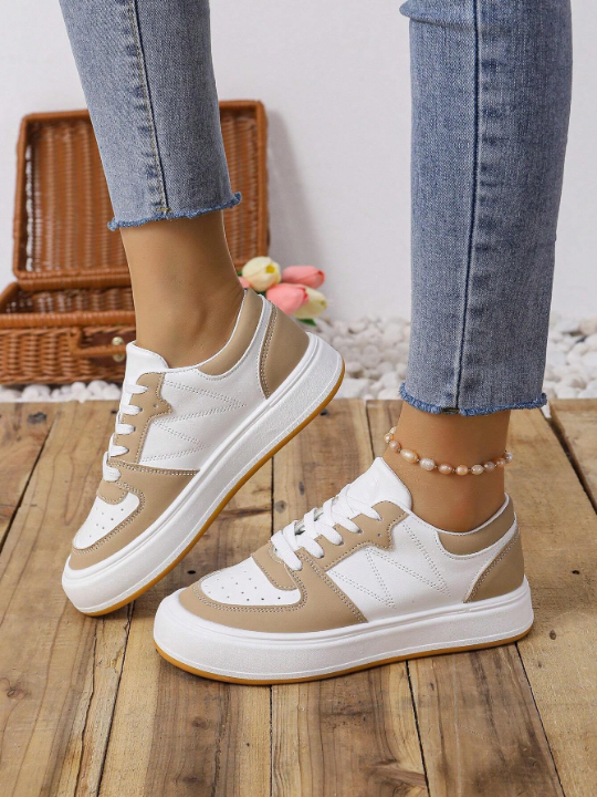 Women's Casual Sneakers, Fashionable Flat Shoes With Thick Soles, Four Seasons, Color Block Style, Low Cut, Lace-up Closure, White