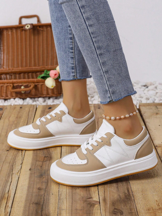 Women's Casual Sneakers, Fashionable Flat Shoes With Thick Soles, Four Seasons, Color Block Style, Low Cut, Lace-up Closure, White