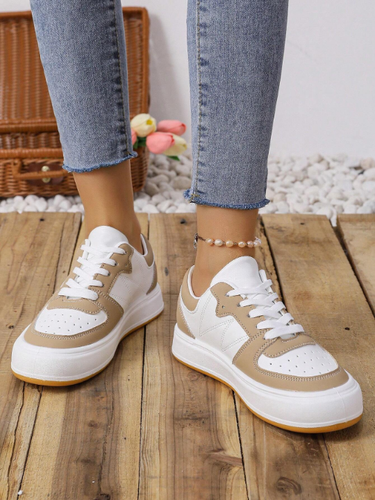 Women's Casual Sneakers, Fashionable Flat Shoes With Thick Soles, Four Seasons, Color Block Style, Low Cut, Lace-up Closure, White