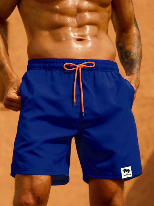 Manfinity Swimmode Men Letter Patched Drawstring Waist Swim Trunks