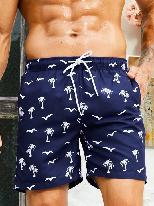 Manfinity Swimmode Men Coconut Tree & Bird Print Drawstring Waist Swim Trunks