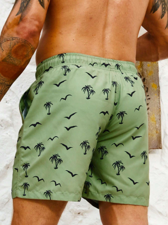 Manfinity Swimmode Men Coconut Tree & Bird Print Drawstring Waist Swim Trunks