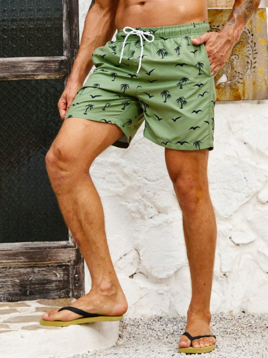 Manfinity Swimmode Men Coconut Tree & Bird Print Drawstring Waist Swim Trunks