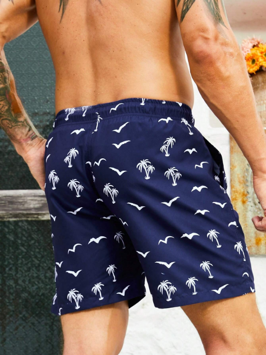 Manfinity Swimmode Men Coconut Tree & Bird Print Drawstring Waist Swim Trunks