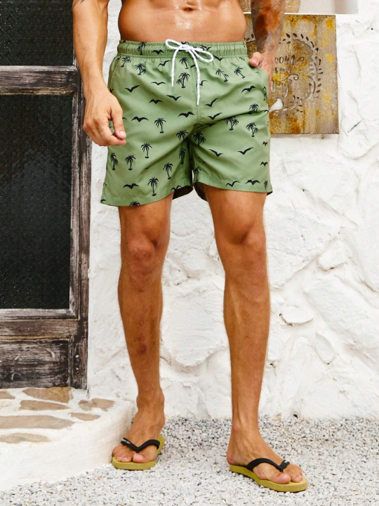 Manfinity Swimmode Men Coconut Tree & Bird Print Drawstring Waist Swim Trunks