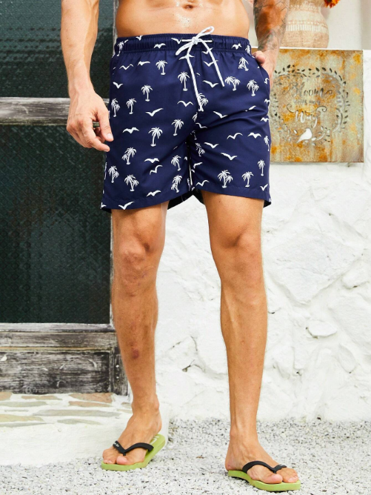 Manfinity Swimmode Men Coconut Tree & Bird Print Drawstring Waist Swim Trunks