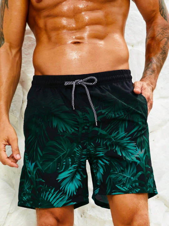 Manfinity Swimmode Men Tropical Print Drawstring Waist Swim Trunks