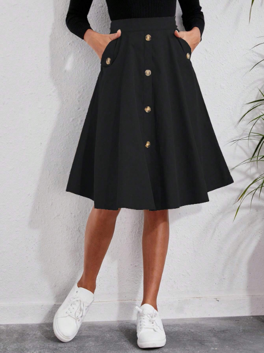 Solid Button Detail Flare Skirt