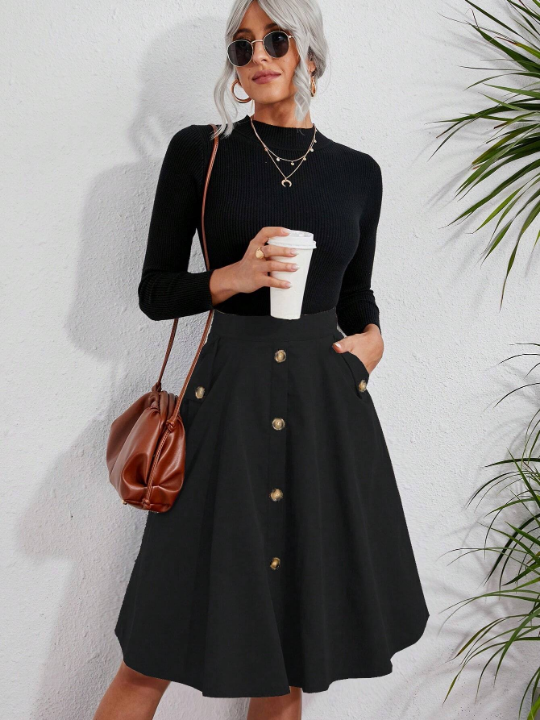 Solid Button Detail Flare Skirt