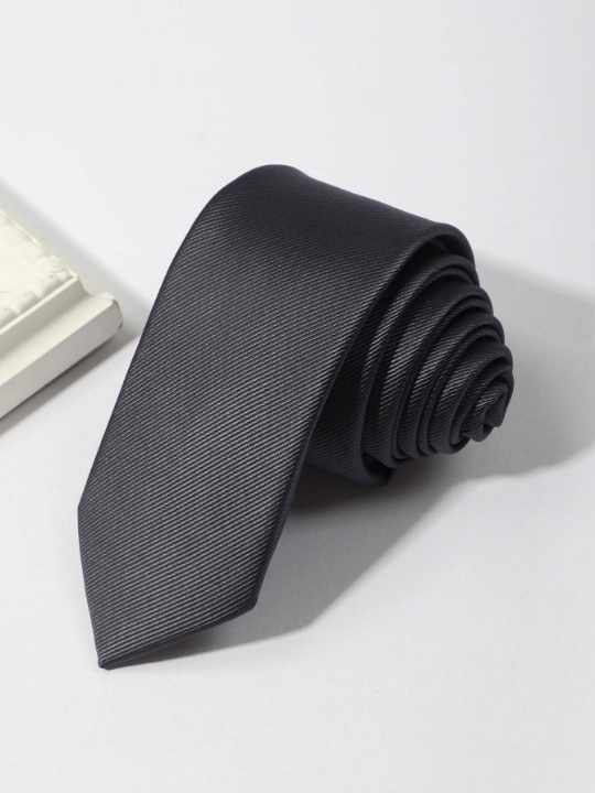 1pc Men's Fashionable Solid Color Dark Grey Thin Diagonal Stripe Necktie, Suitable For Business And Daily Wear