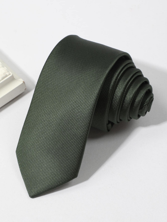 1pc Men's Fashionable Solid Olive Green Thin Diagonal Stripe Versatile Necktie