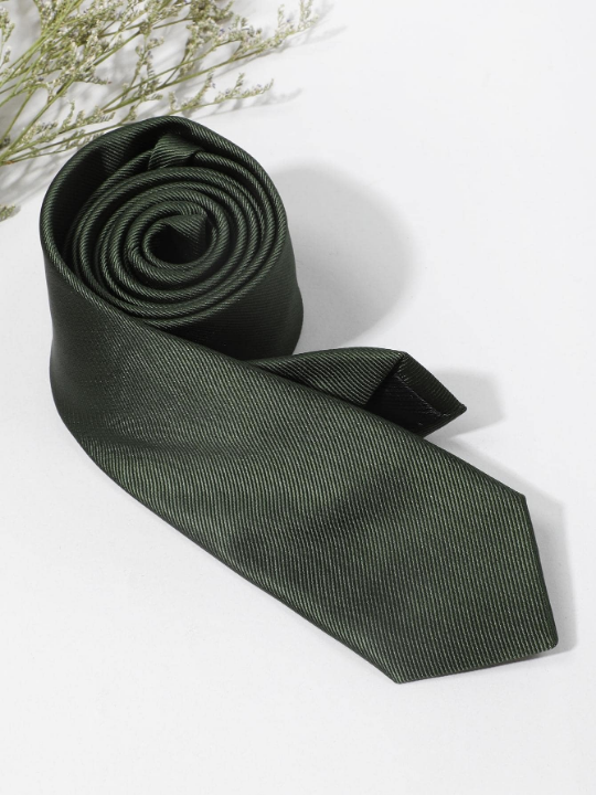 1pc Men's Fashionable Solid Olive Green Thin Diagonal Stripe Versatile Necktie