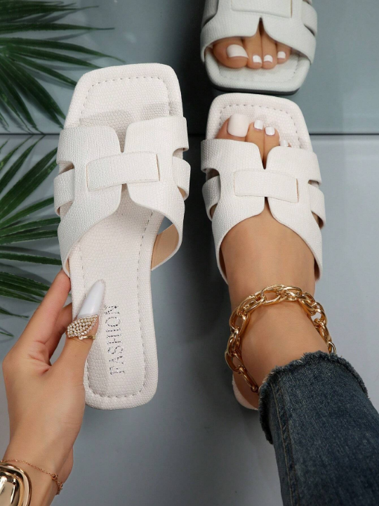 Elegant White Sandals For Women, Snakeskin Embossed Cut Out Design Slide Sandals