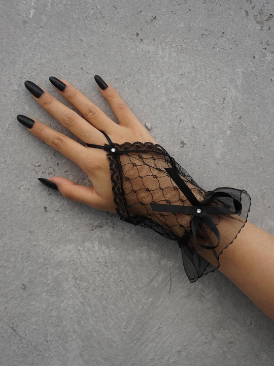 1 Pair Women Rhinestone & Bow Decor Fashionable Fingerless Gloves For Daily Life