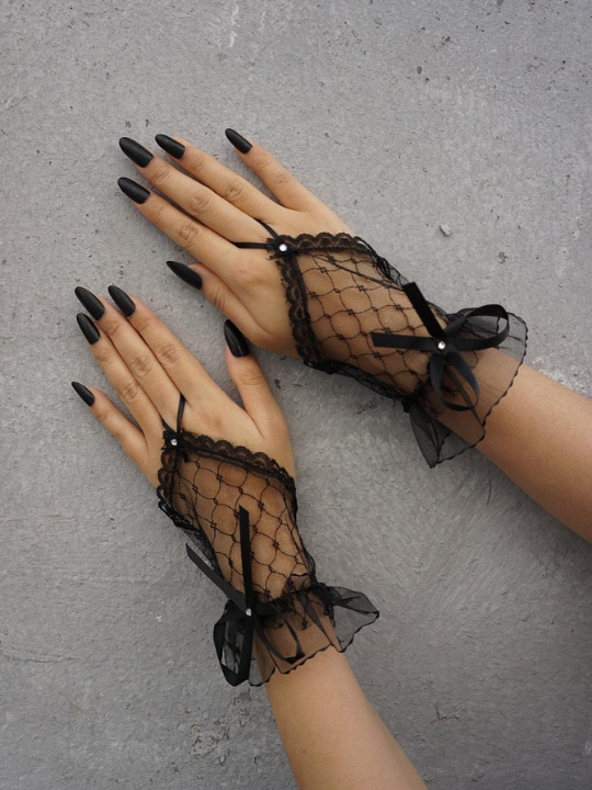 1 Pair Women Rhinestone & Bow Decor Fashionable Fingerless Gloves For Daily Life