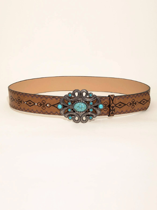 1pc Women Geometric Pattern Rhinestone Decor Western Cowgirl Casual Belt For Daily Life Jeans Pants