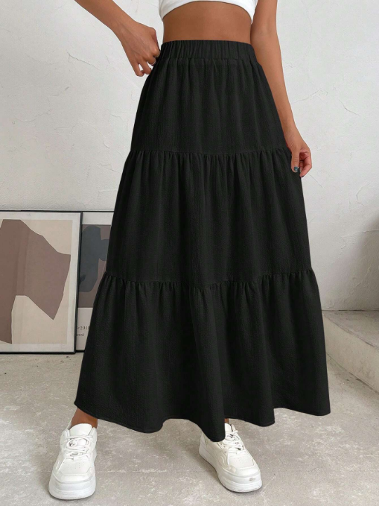 EZwear Solid Ruffle Hem Flare Skirt