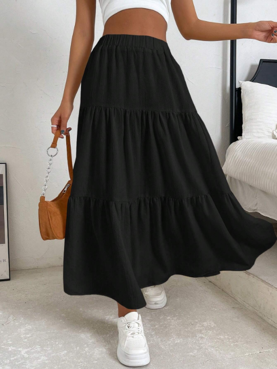 EZwear Solid Ruffle Hem Flare Skirt