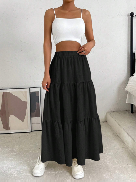 EZwear Solid Ruffle Hem Flare Skirt