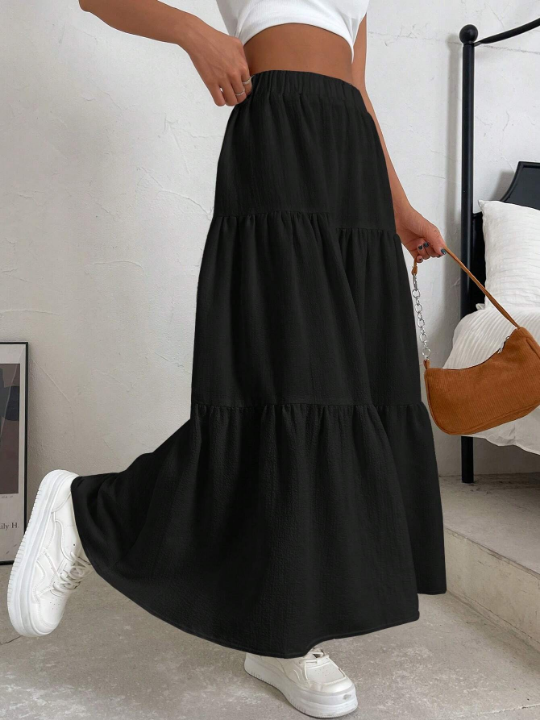 EZwear Solid Ruffle Hem Flare Skirt