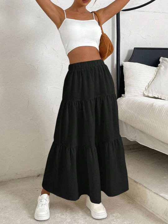 EZwear Solid Ruffle Hem Flare Skirt