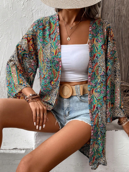 VCAY Paisley Print Open Front Kimono