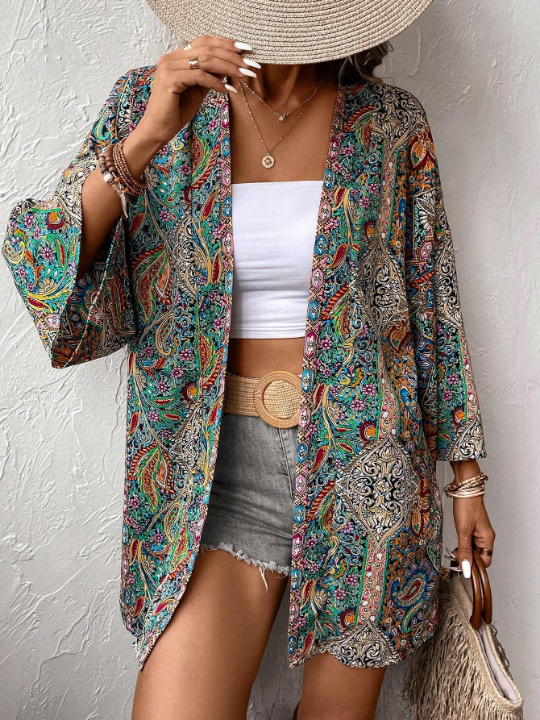 VCAY Paisley Print Open Front Kimono